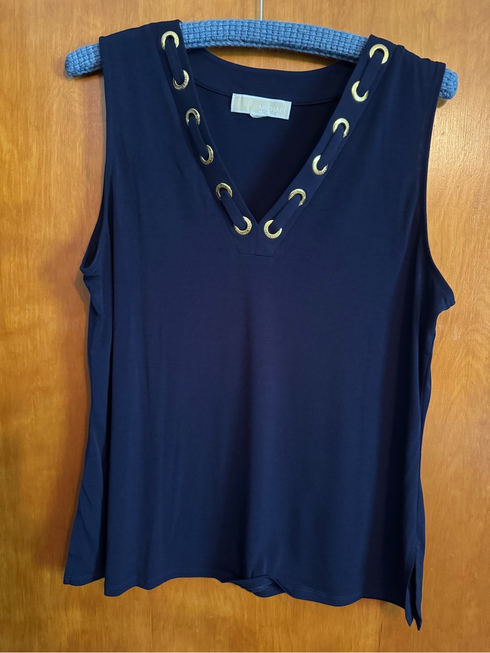 Michael Kors Navy Sleeveless V-Neck Tank with Gold Eyelet Trim